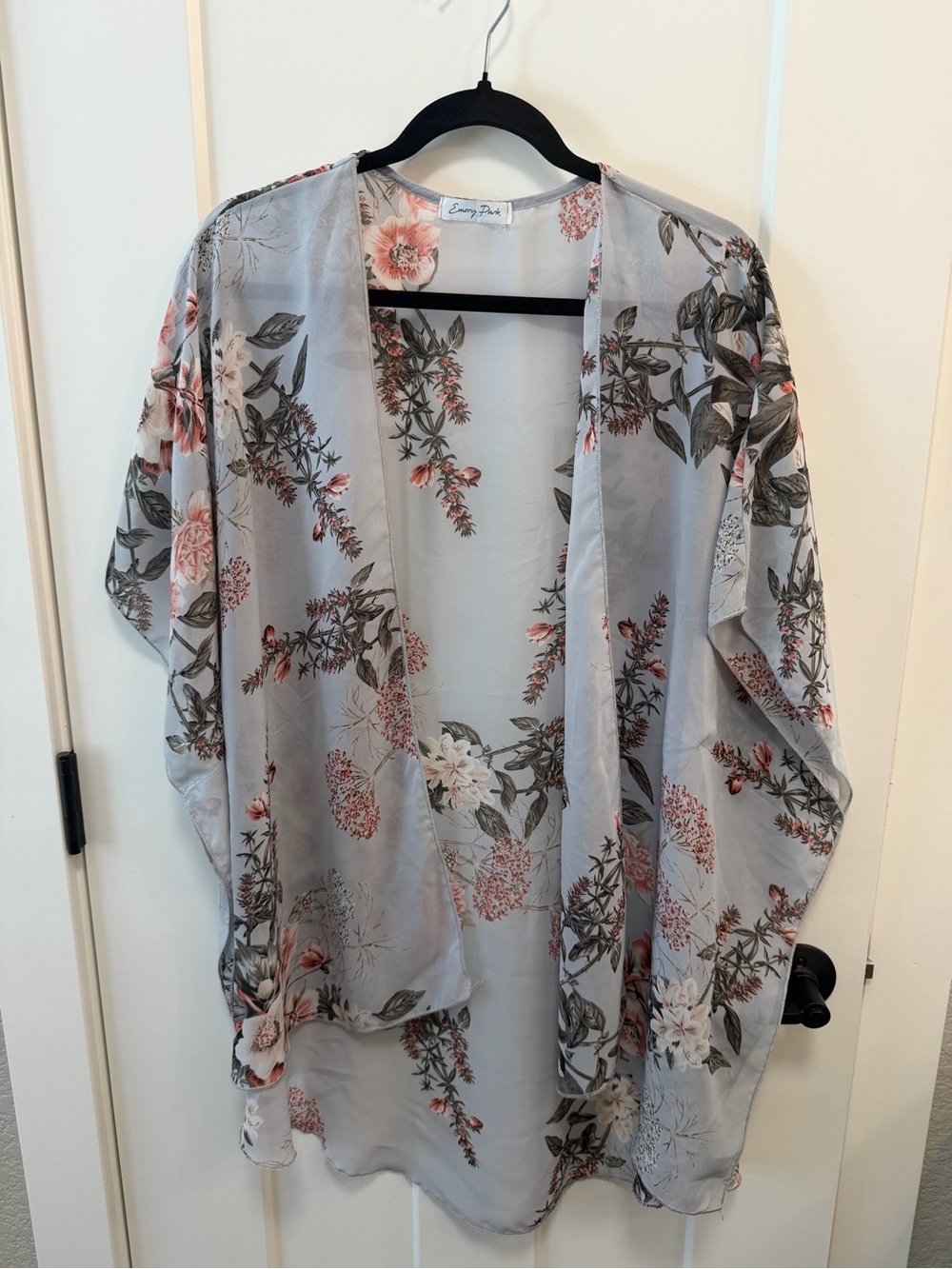 emory park Light Gray Floral Kimono Cardigan with Pink & Green Accents